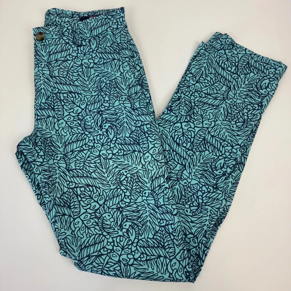 Vineyard Vines Mens Breaker Pant 28x32 Turquoise Navy Tropical Leaf Print Chino